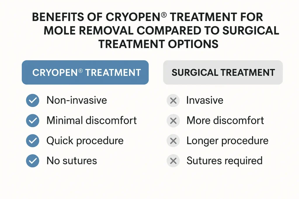 Table to show the benefits of getting moles removed Bradford from LA LIPO