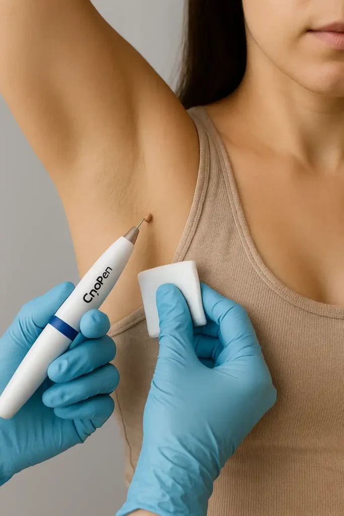 woman having cryopen to remove underarm skin tags Bradford