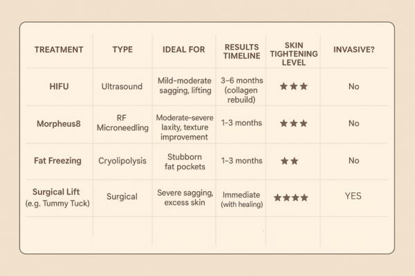 Table showing the comparisons of Skin tightening Bradford treatment options. 